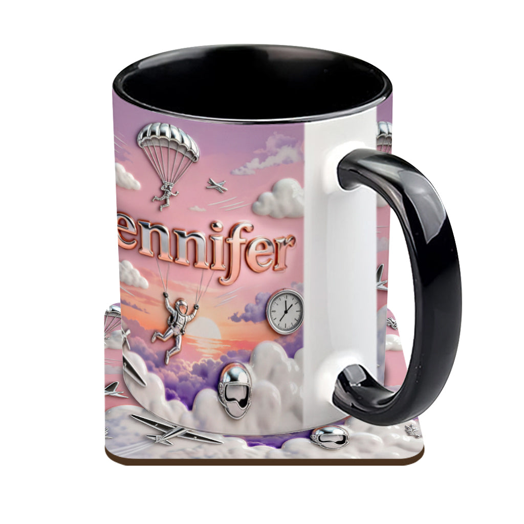 Ich liebe Fallschirmspringen – Personalisierte Tasse und Untersetzer mit Fallschirmspringer-Motiv