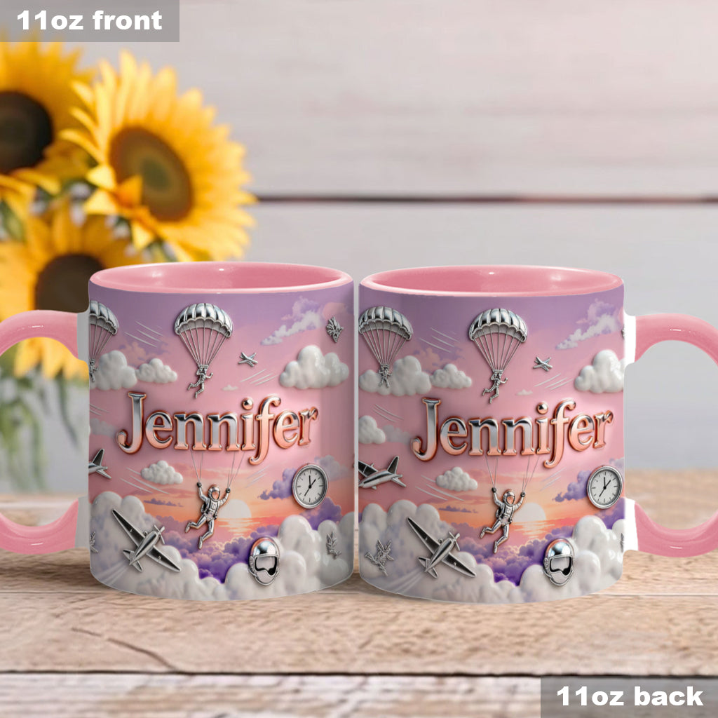 Ich liebe Fallschirmspringen – Personalisierte Tasse und Untersetzer mit Fallschirmspringer-Motiv