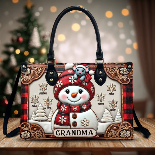 Grandma Snowman Christmas - Personalized Grandma Leather Handbag