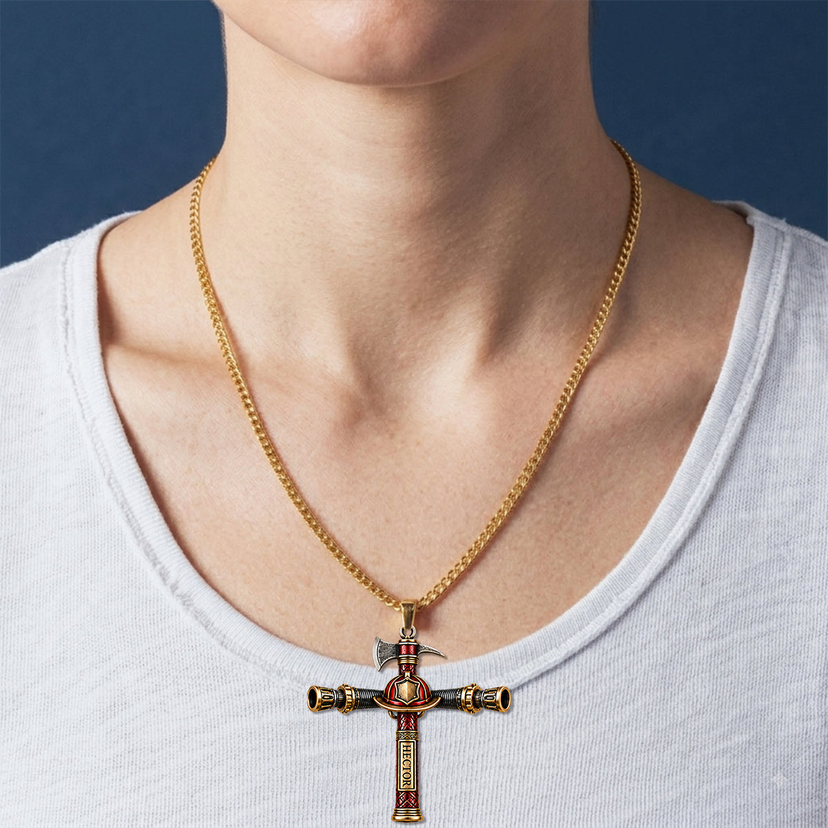 Strengthened By Christ - Personalized Firefighter Shaped Metal Pendant Necklace