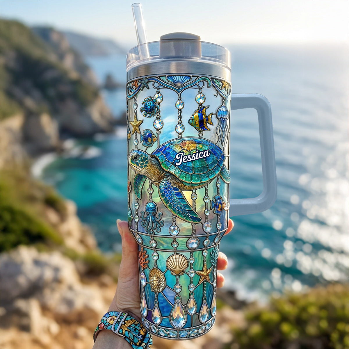 Ocean Turtle - Personalized Turtle Tumbler With Handle
