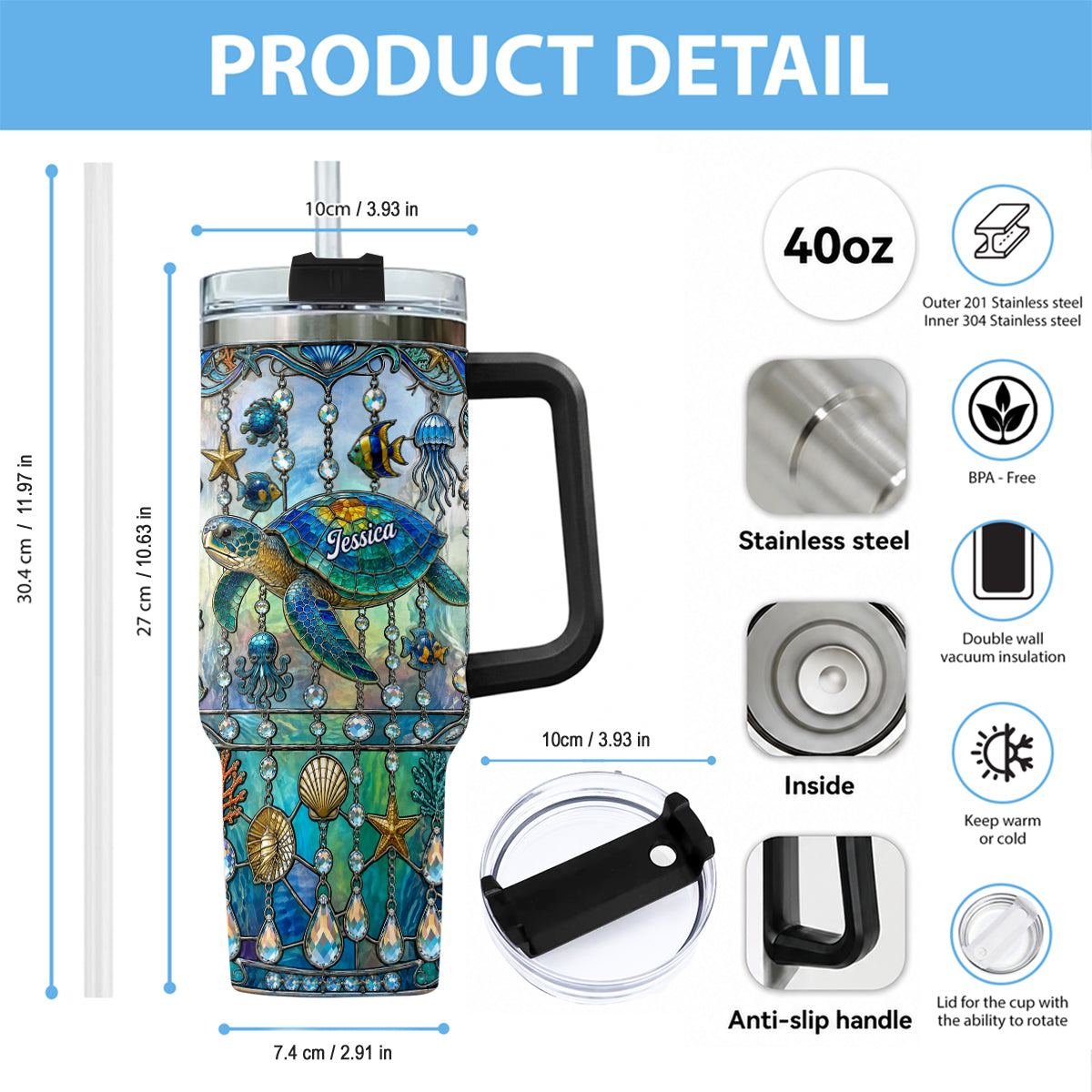 Ocean Turtle - Personalized Turtle Tumbler With Handle