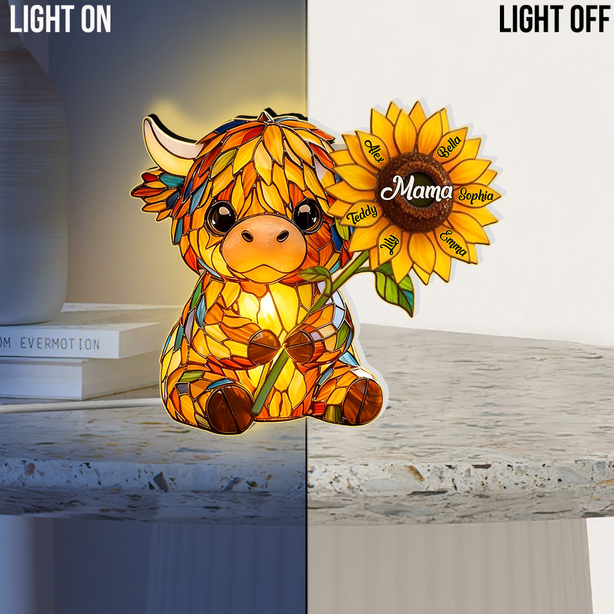 Mama Highland Cow – Personalisierte LED-Nachtleuchte aus Acryl mit Highland-Kuh-Motiv
