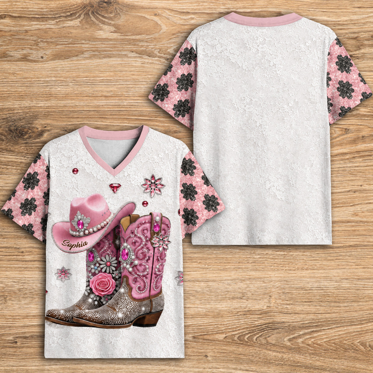Western Style Cowboy Boots - Personalized Cowgirl Fully Printed V-Neck T-Shirt