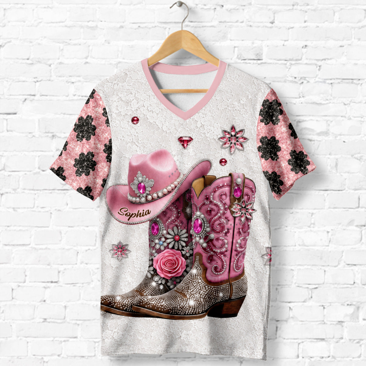 Western Style Cowboy Boots - Personalized Cowgirl Fully Printed V-Neck T-Shirt