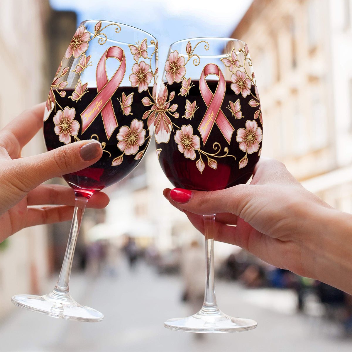Pink Ribbon - Personalisiertes Weinglas mit langem Stiel zur Sensibilisierung für Brustkrebs