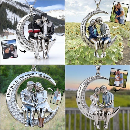 I Love You to the Moon and Back - Personalized Couple Shaped Metal Pendant Necklace