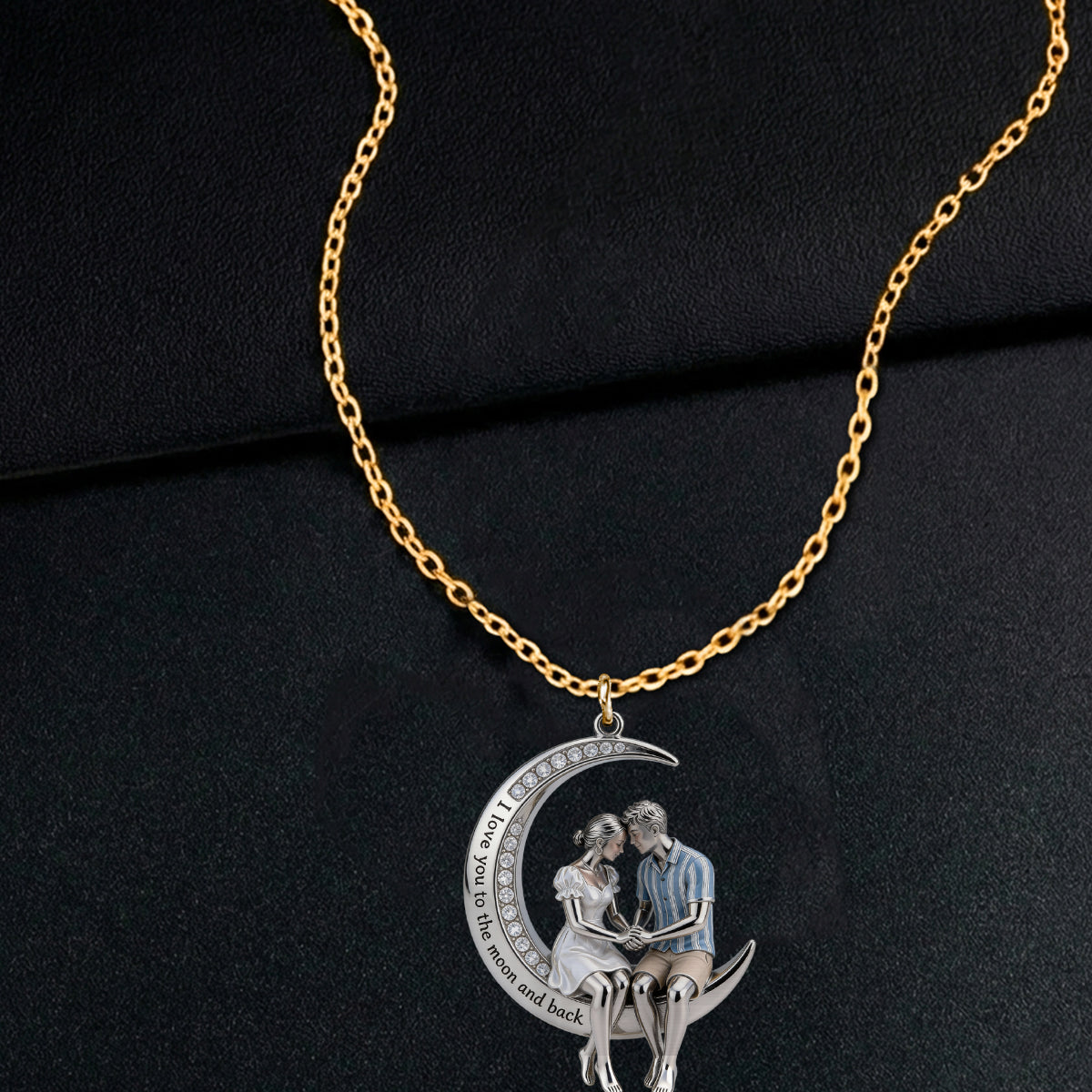 Ich liebe dich bis zum Mond und zurück – Personalisierte Metallkette mit Anhänger in Partnerform
