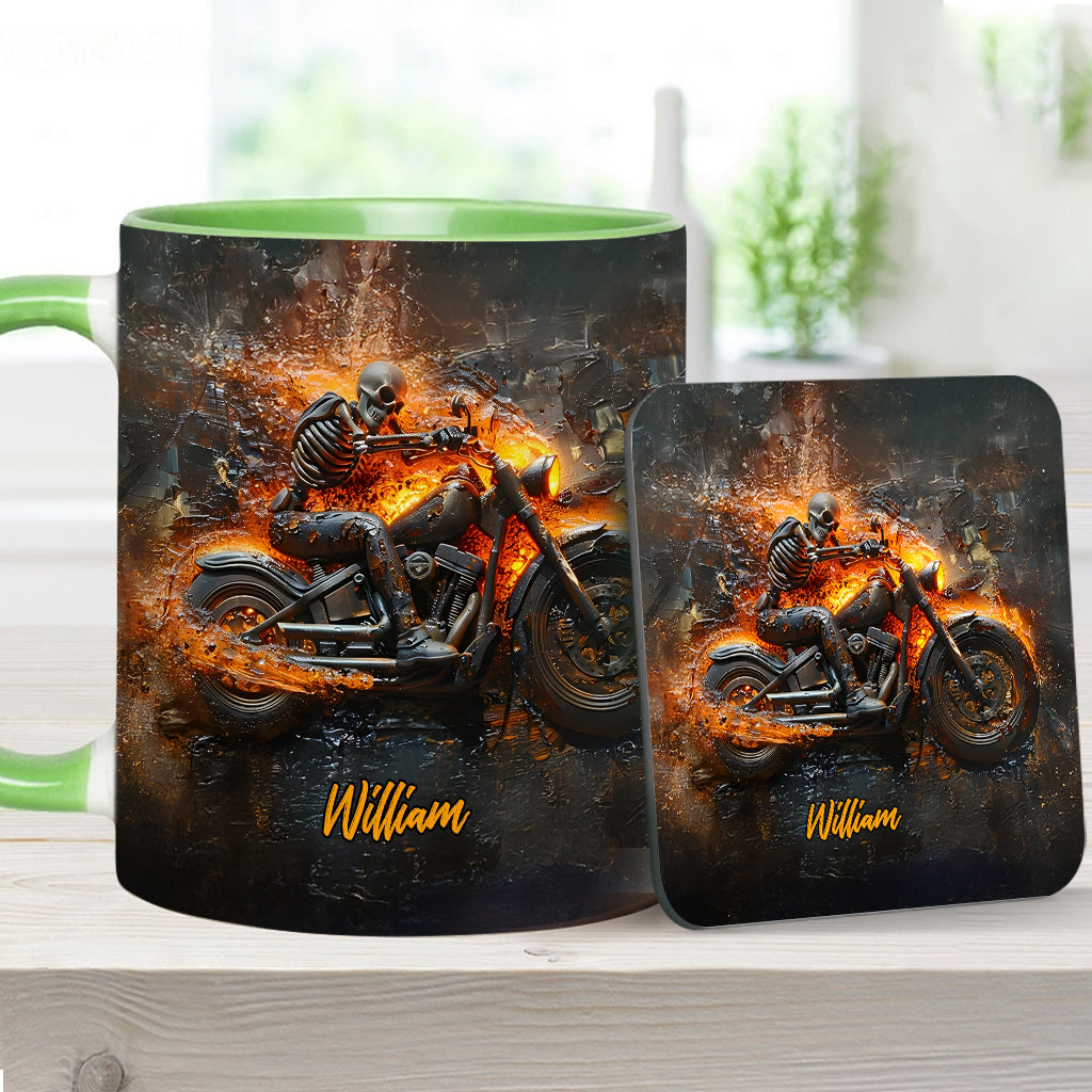 Skeleton Riding Flaming Motorcycle - Personalized Biker Accent Mug