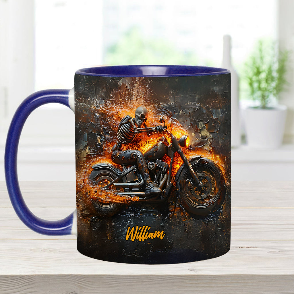 Skeleton Riding Flaming Motorcycle - Personalized Biker Accent Mug