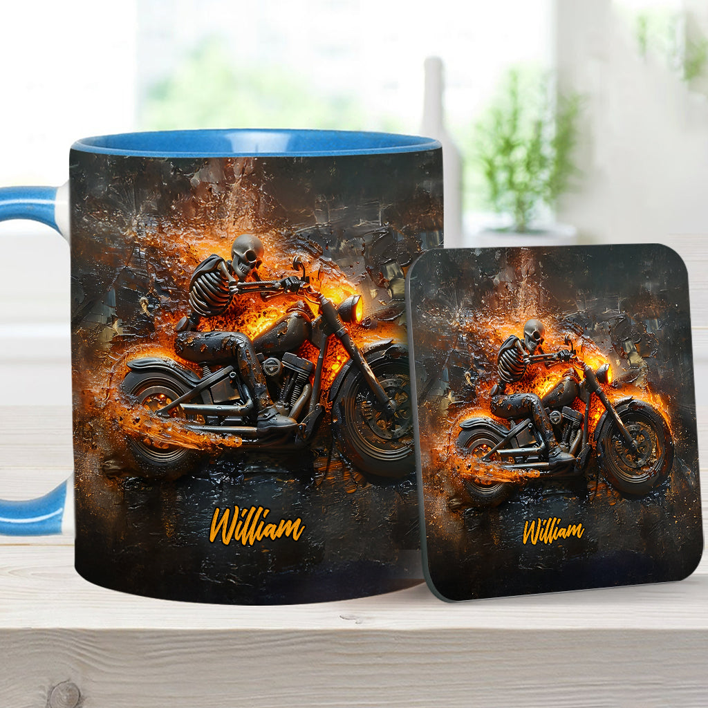 Skeleton Riding Flaming Motorcycle - Personalized Biker Accent Mug