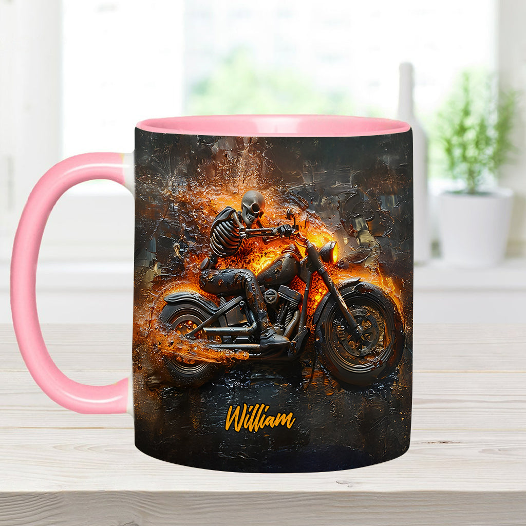 Skeleton Riding Flaming Motorcycle - Personalized Biker Accent Mug