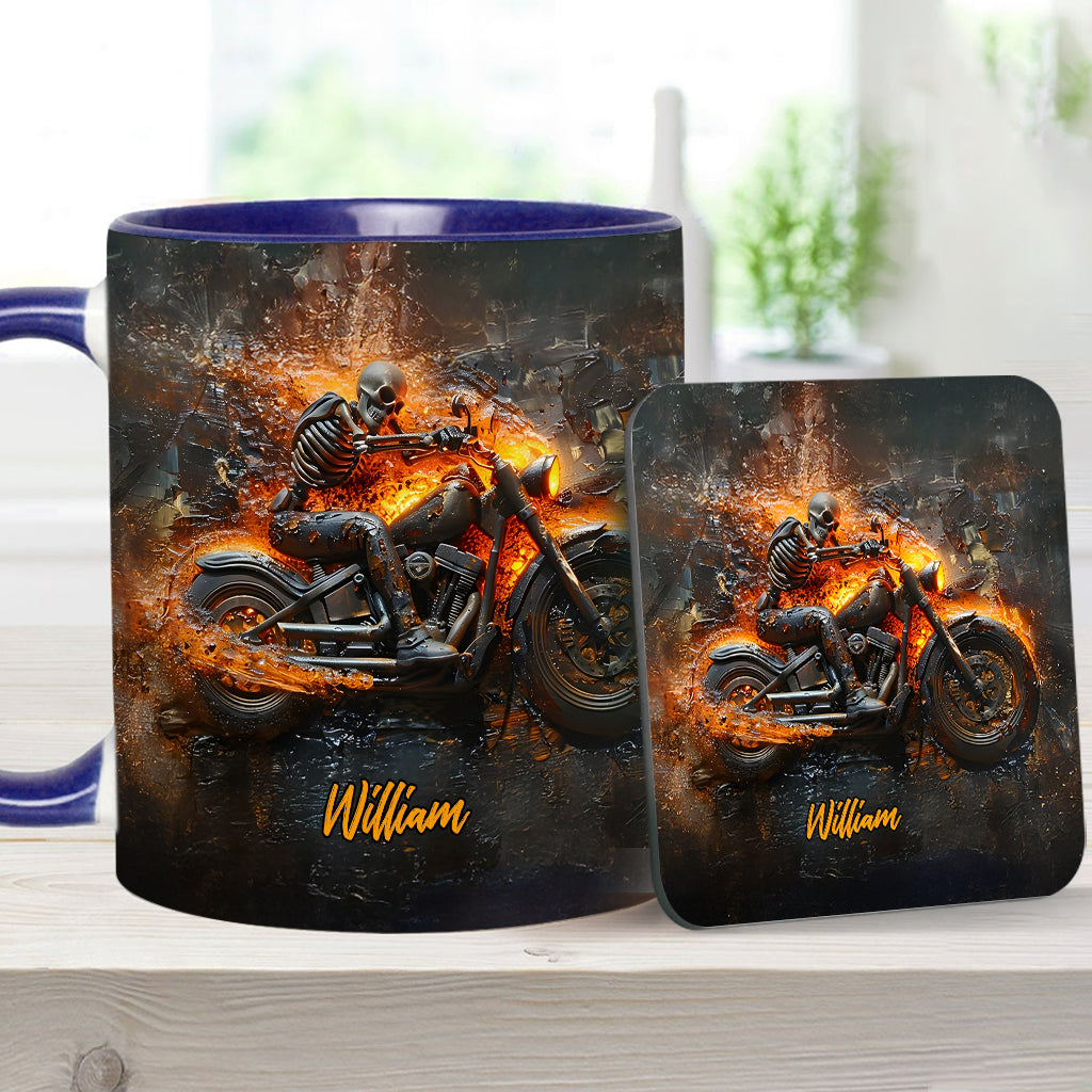 Skeleton Riding Flaming Motorcycle - Personalized Biker Accent Mug