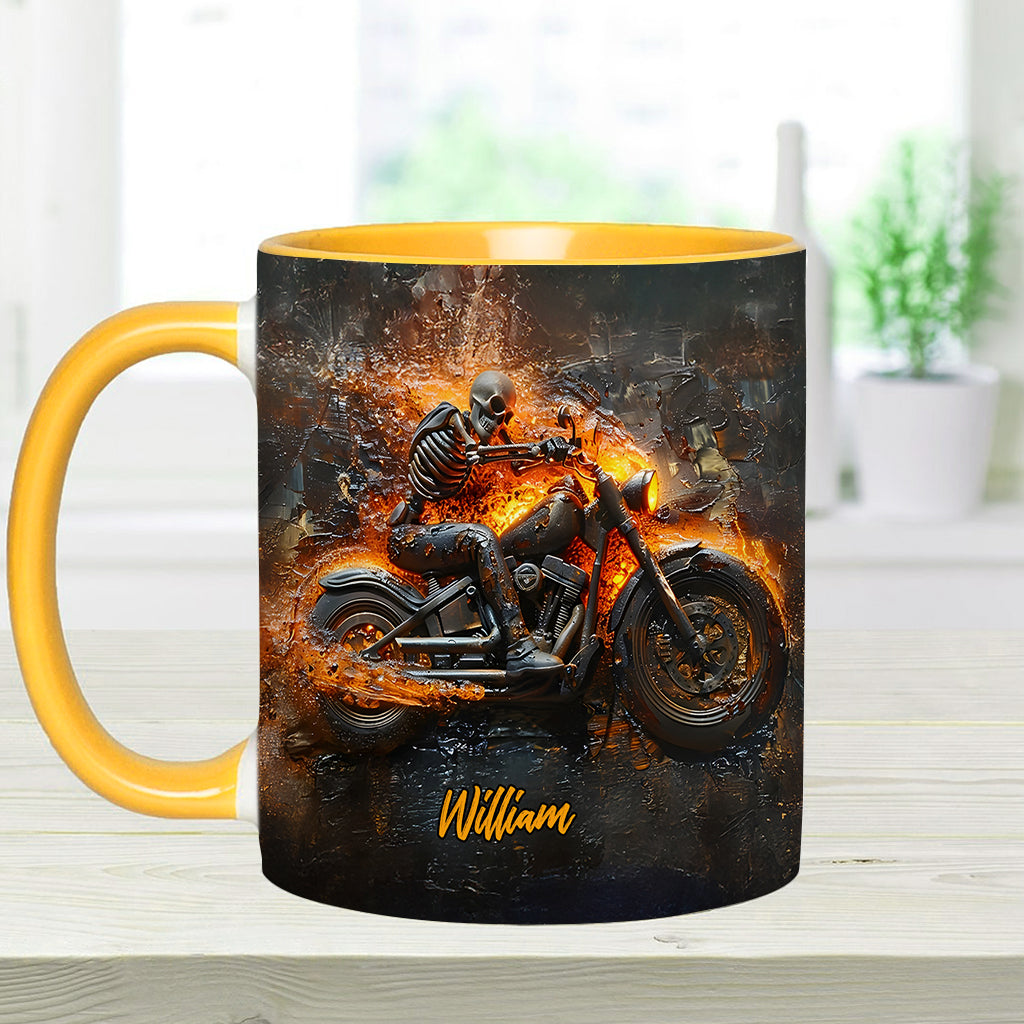 Skeleton Riding Flaming Motorcycle - Personalized Biker Accent Mug