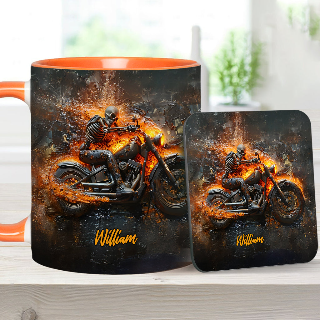 Skeleton Riding Flaming Motorcycle - Personalized Biker Accent Mug