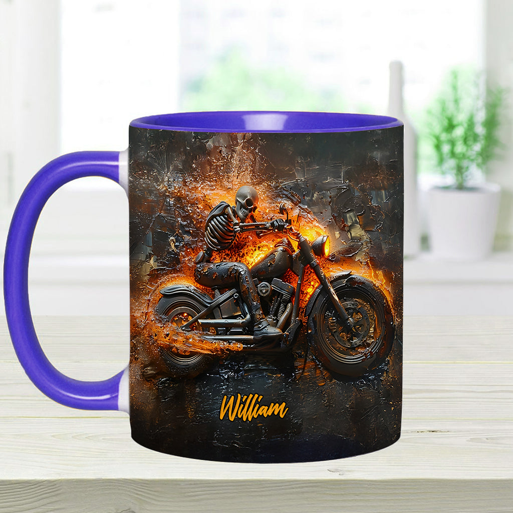Skeleton Riding Flaming Motorcycle - Personalized Biker Accent Mug
