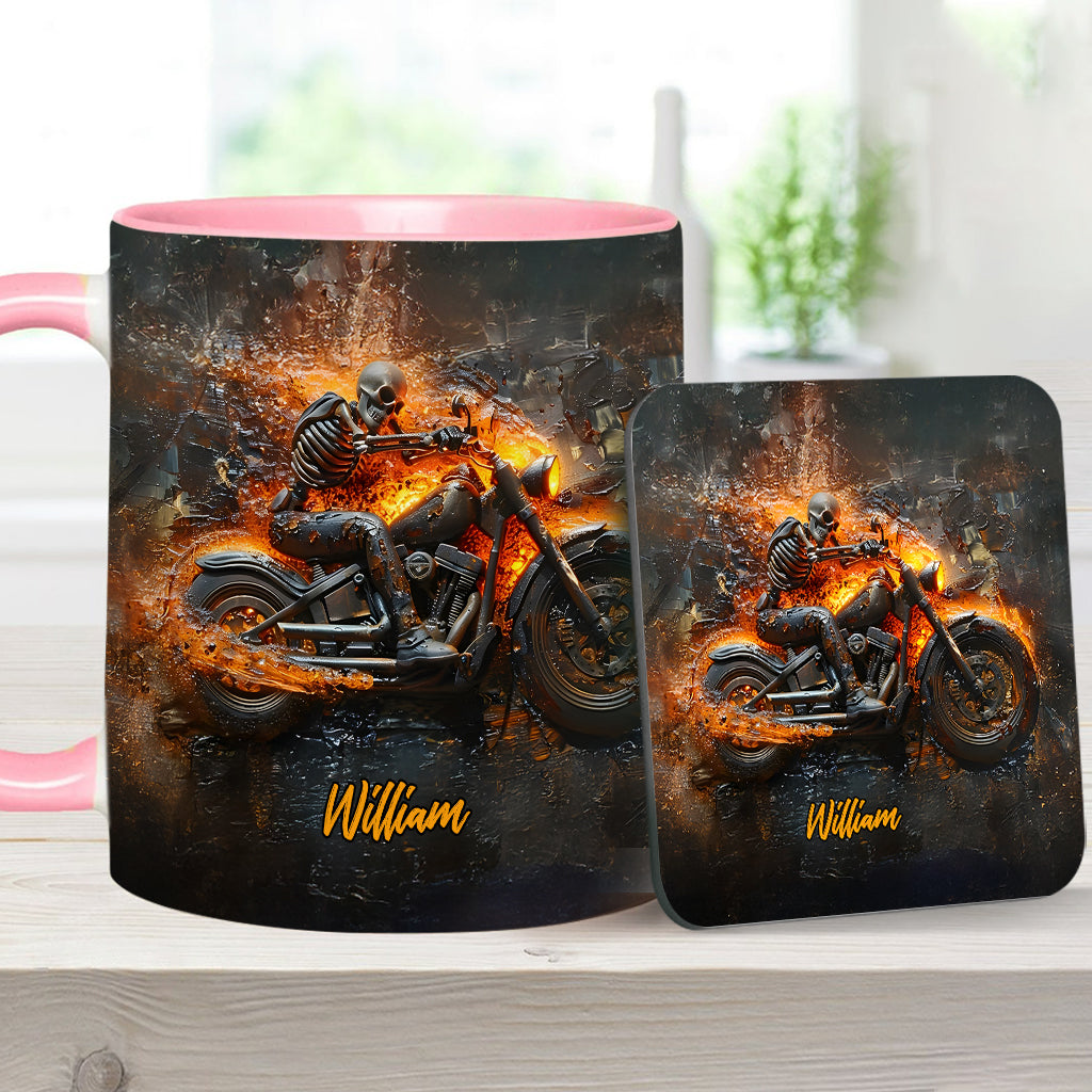 Skeleton Riding Flaming Motorcycle - Personalized Biker Accent Mug