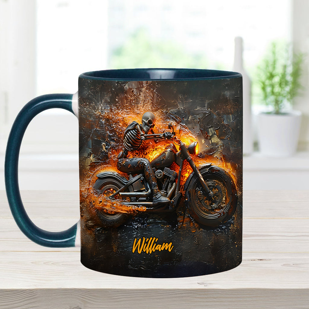 Skeleton Riding Flaming Motorcycle - Personalized Biker Accent Mug