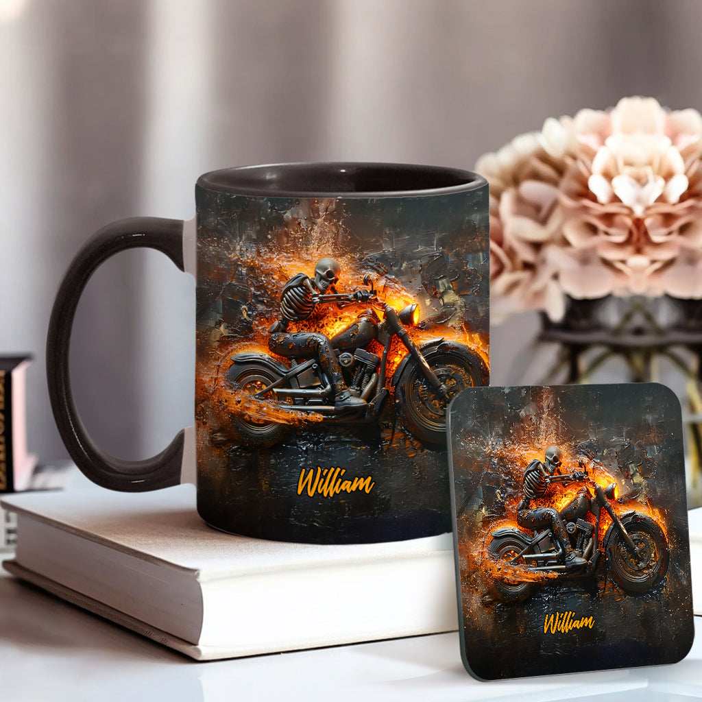 Skeleton Riding Flaming Motorcycle - Personalized Biker Accent Mug