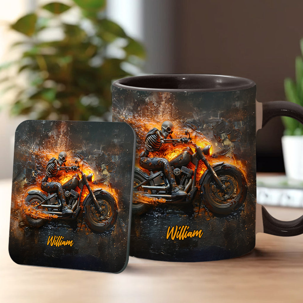 Skeleton Riding Flaming Motorcycle - Personalized Biker Accent Mug