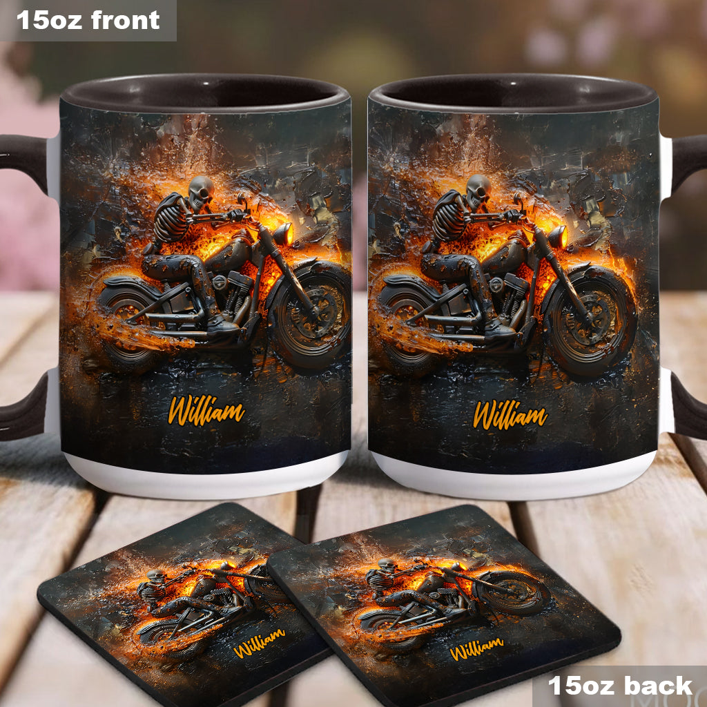 Skeleton Riding Flaming Motorcycle - Personalized Biker Accent Mug