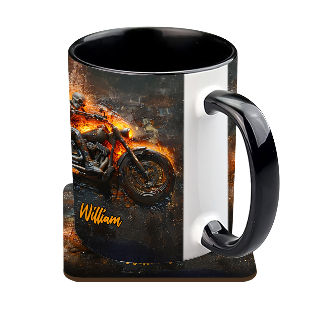 Skeleton Riding Flaming Motorcycle - Personalized Biker Accent Mug