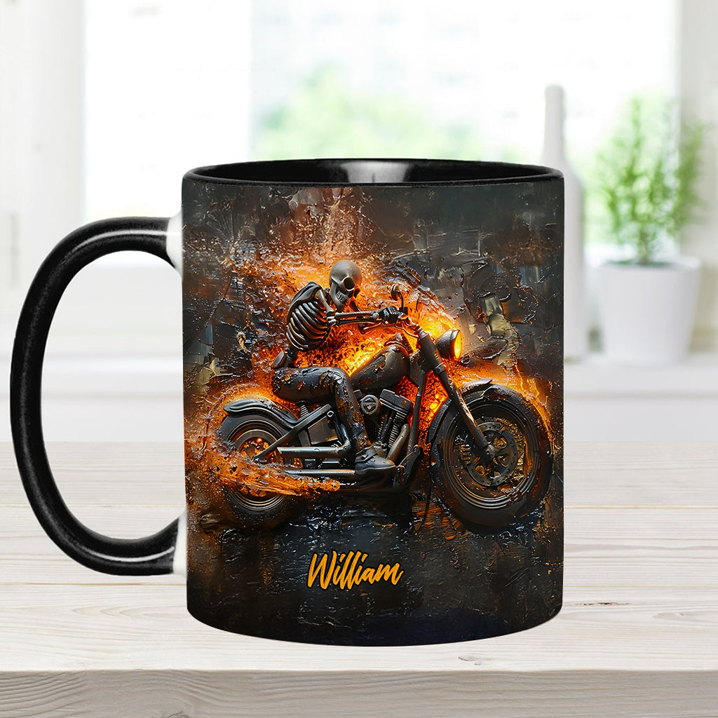 Skeleton Riding Flaming Motorcycle - Personalized Biker Accent Mug
