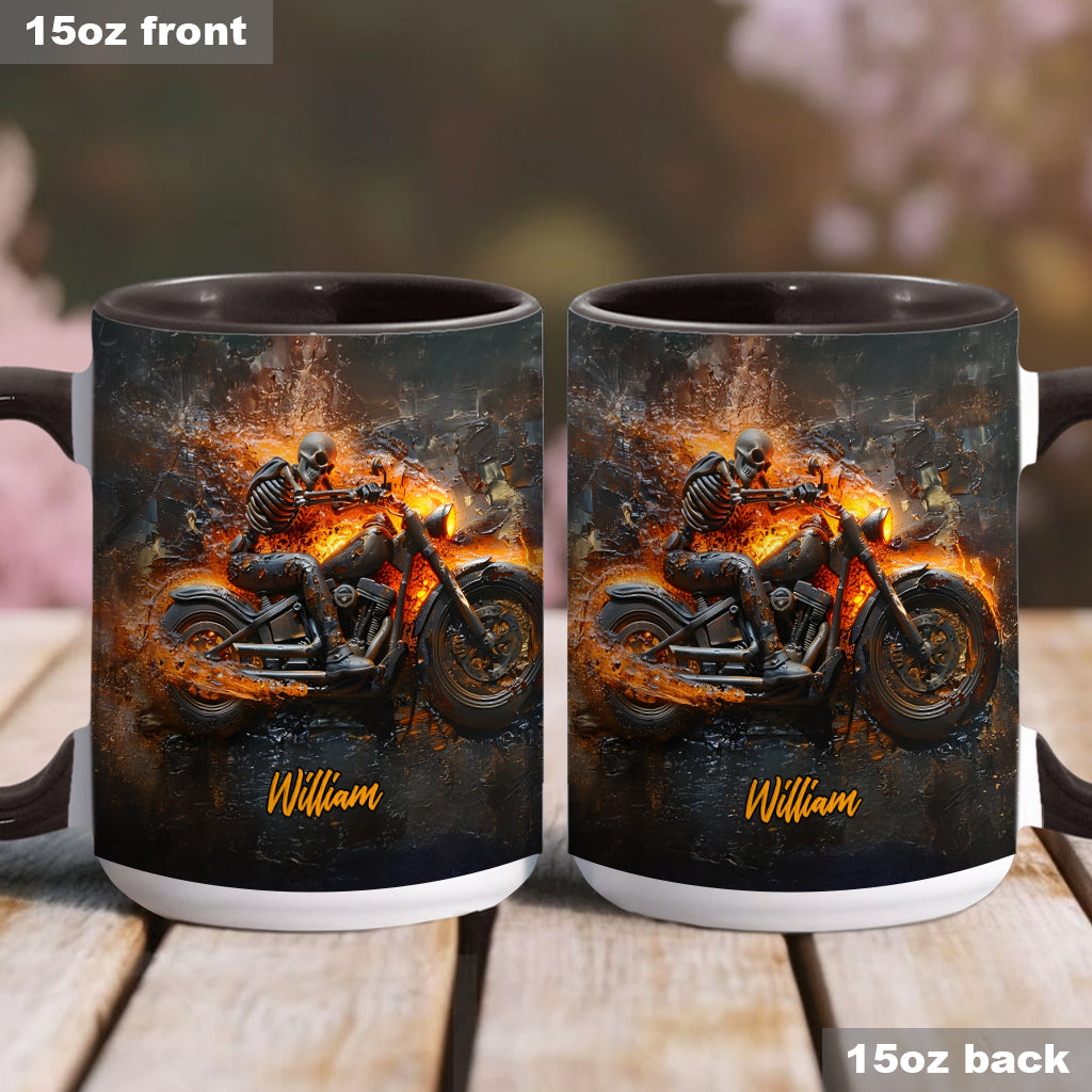 Skeleton Riding Flaming Motorcycle - Personalized Biker Accent Mug