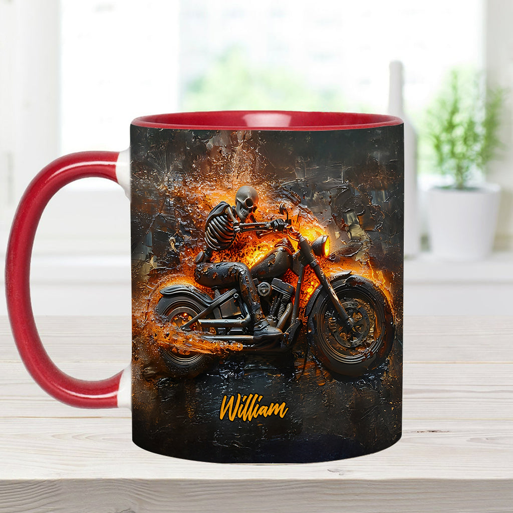 Skeleton Riding Flaming Motorcycle - Personalized Biker Accent Mug