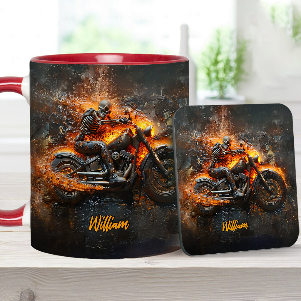 Skeleton Riding Flaming Motorcycle - Personalized Biker Accent Mug