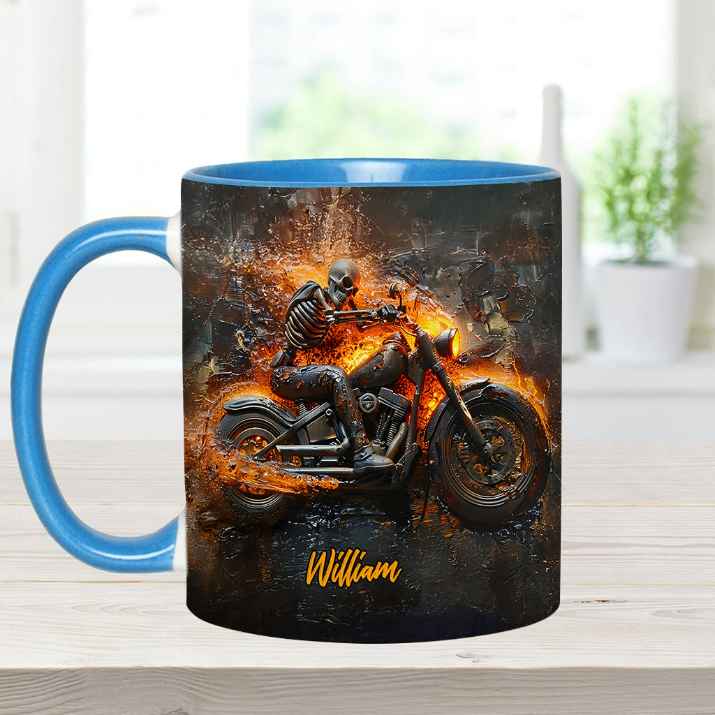 Skeleton Riding Flaming Motorcycle - Personalized Biker Accent Mug