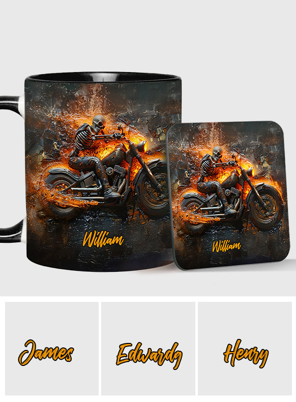 Skeleton Riding Flaming Motorcycle - Personalized Biker Accent Mug