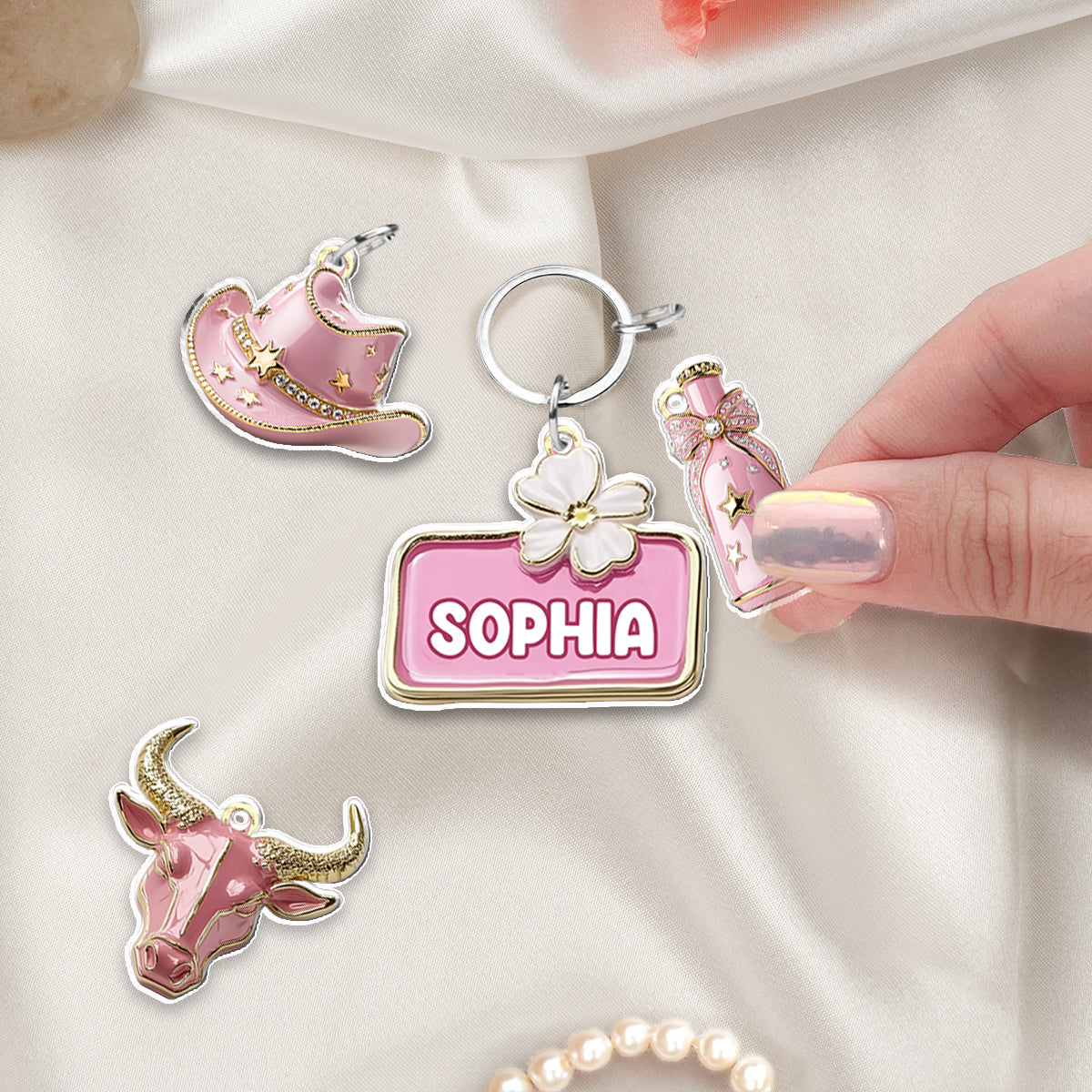 Pink Cowgirl - Personalized Cowgirl Keychain With Charms