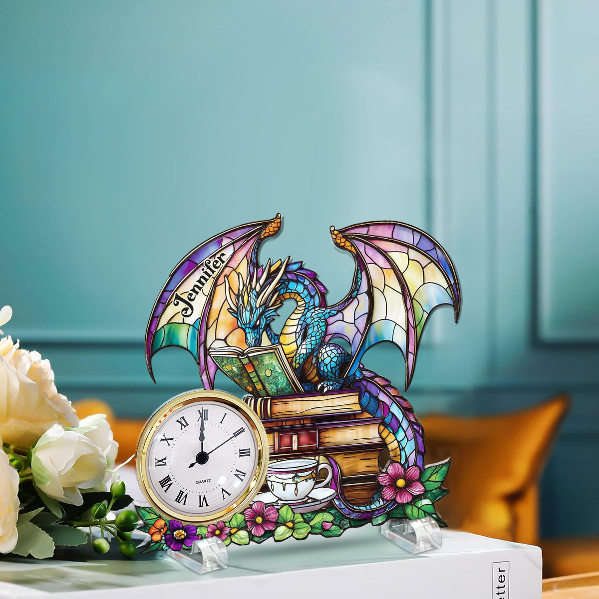 Mystisches Drachenbuch – Personalisierte Drachen-Acryl-Uhrplakette