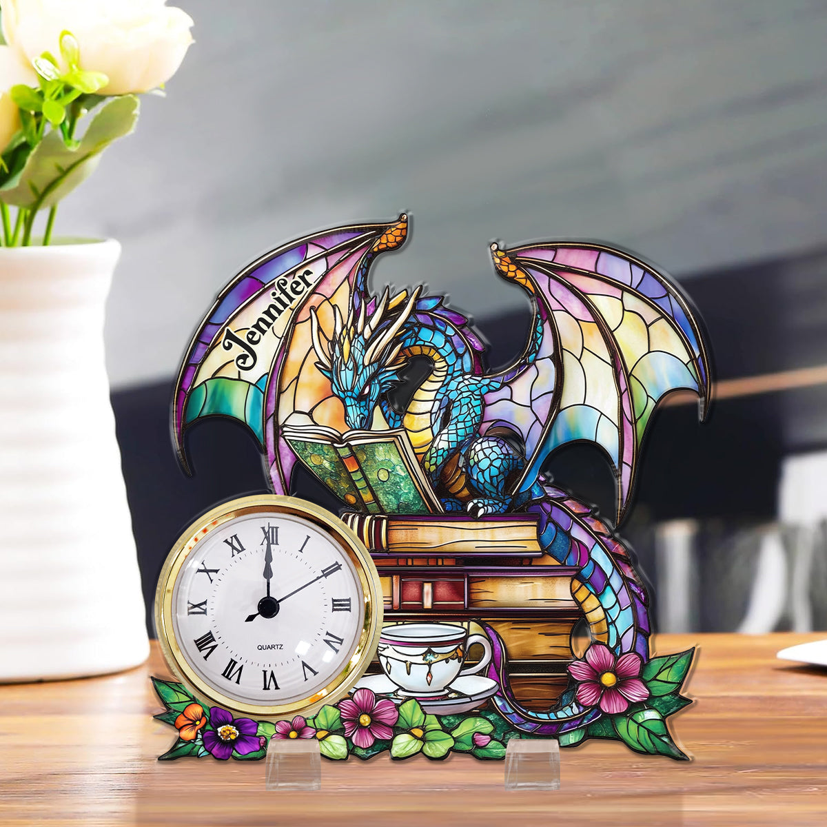 Mystisches Drachenbuch – Personalisierte Drachen-Acryl-Uhrplakette