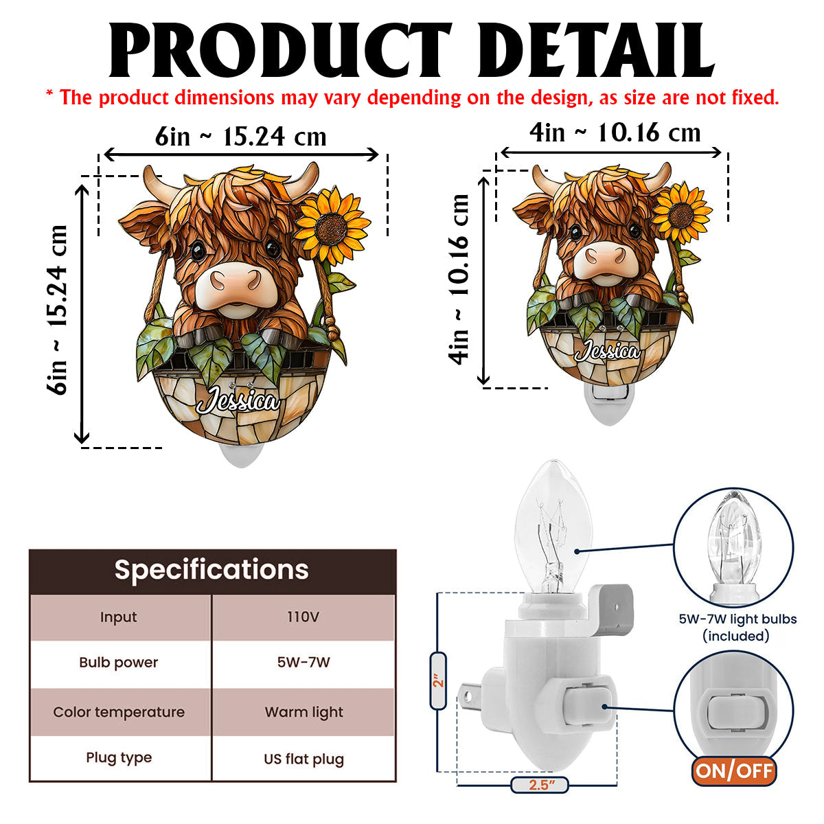Niedliches Hochlandrind – Personalisierte Hochlandrind-Nachtleuchte aus Acryl zum Einstecken