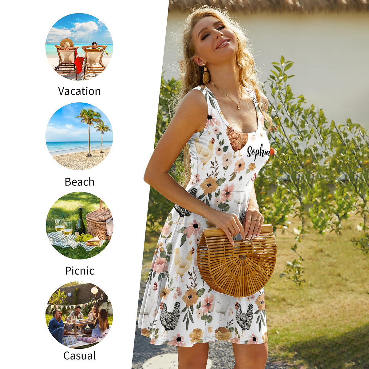 Blumenhuhn - Personalisiertes ärmelloses Kleid mit Hühnermotiv