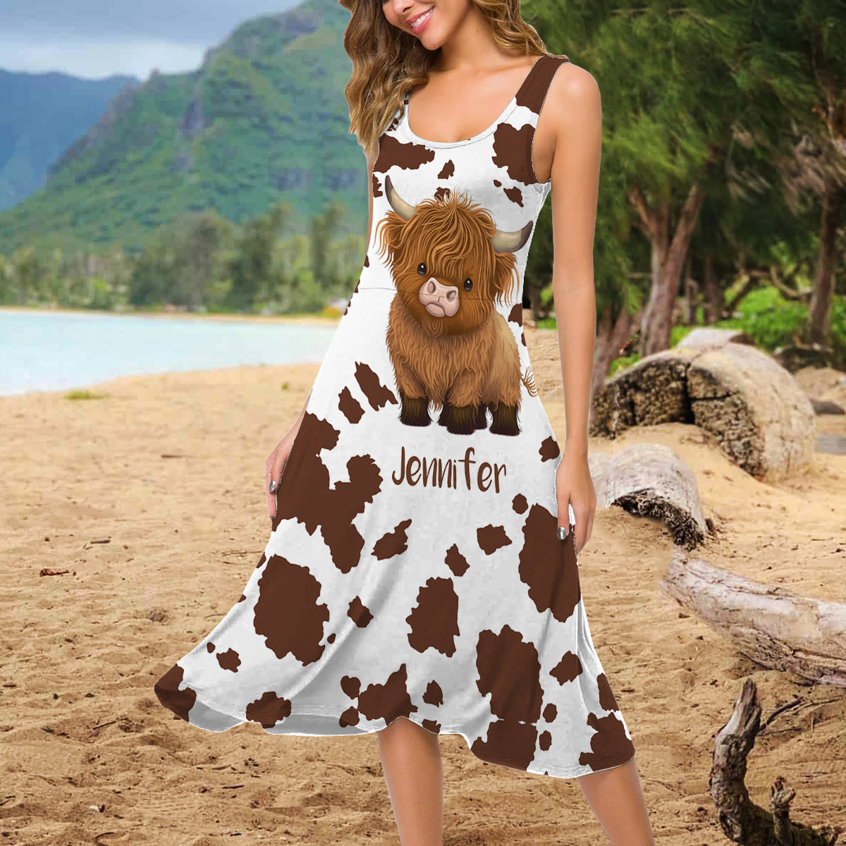 Einfach ein Mädchen, das Hochlandrinder liebt – personalisiertes ärmelloses Kleid mit Hochlandrindmotiv