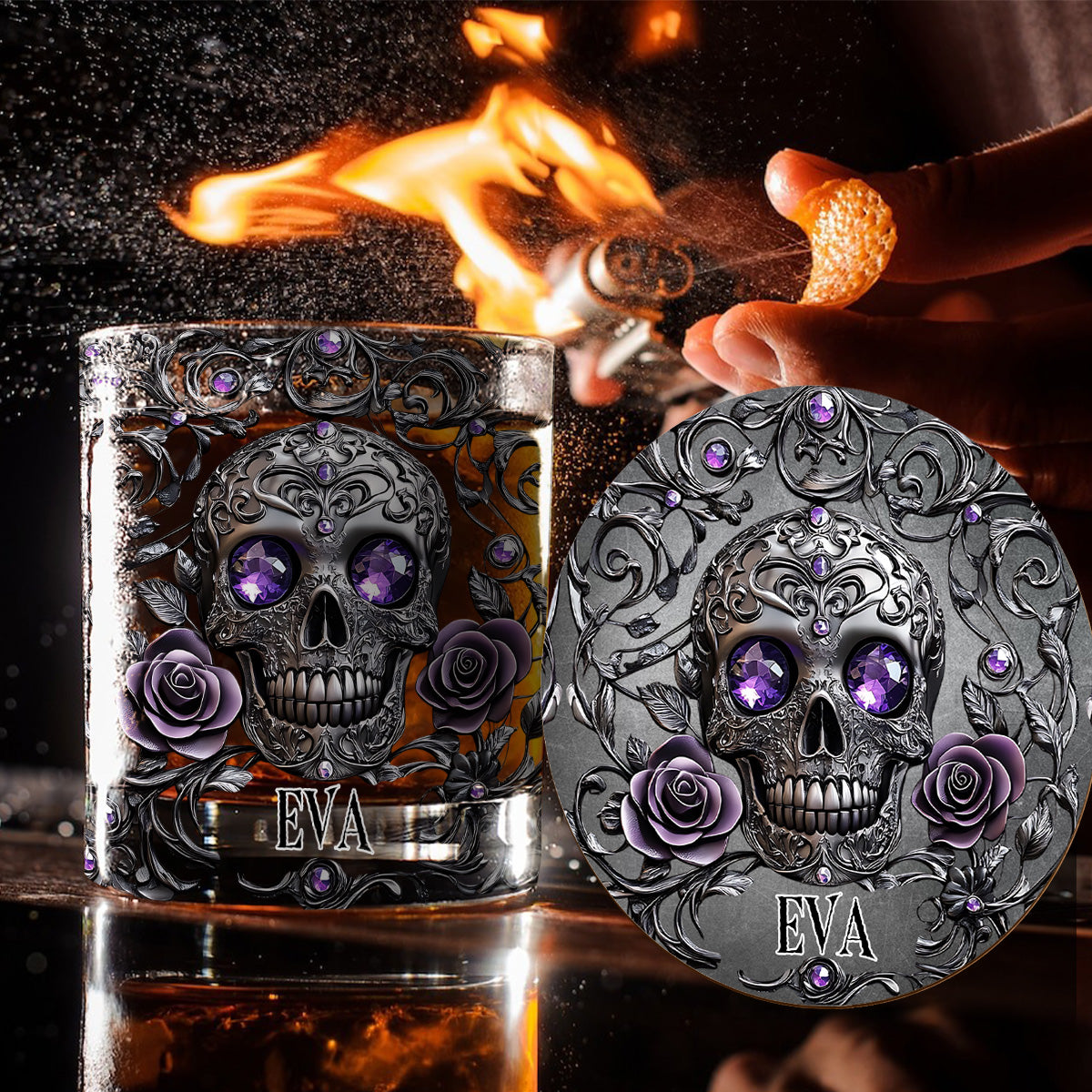 Wunderschönes Whiskyglas mit Totenkopf und Rosen – personalisiertes Totenkopf-Design
