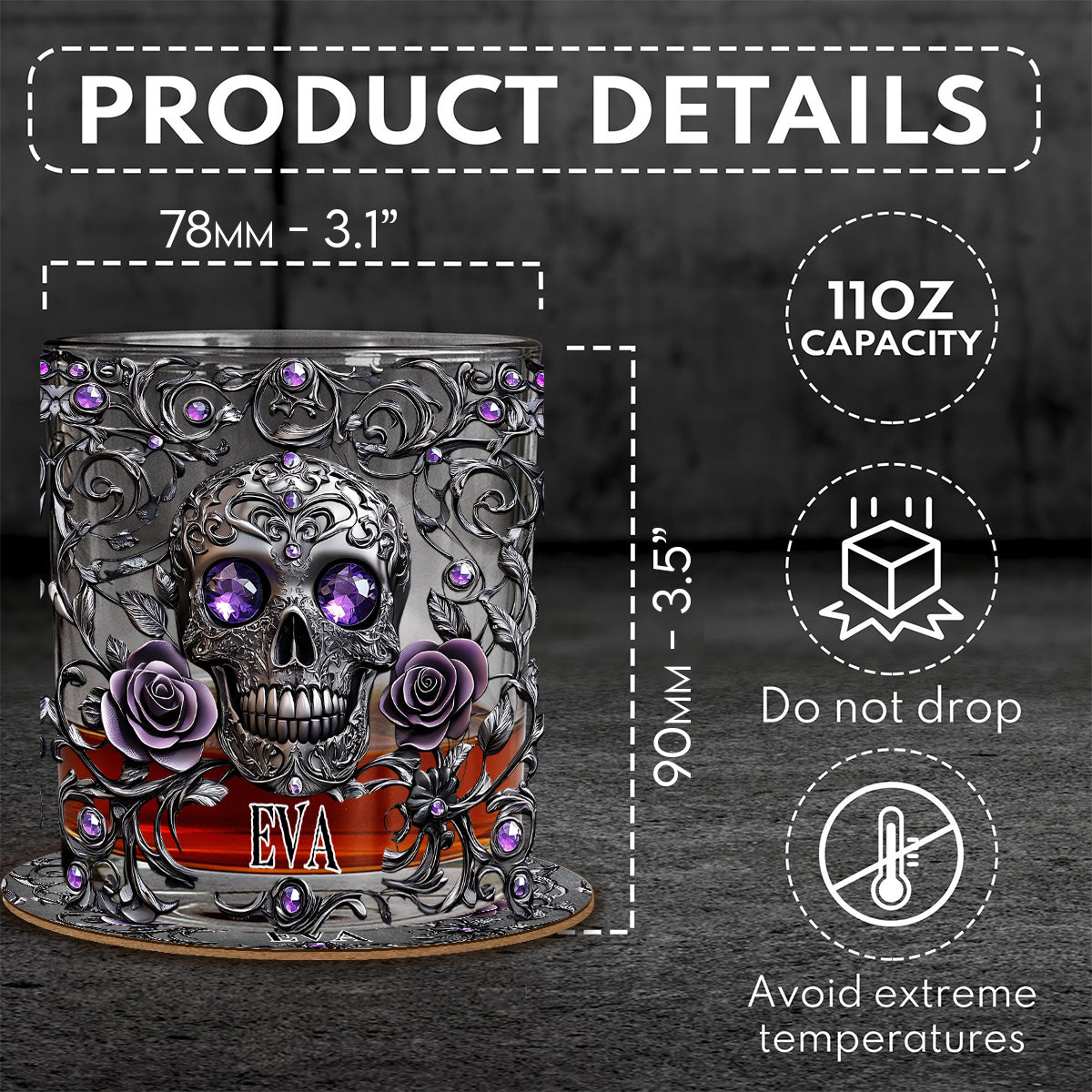 Wunderschönes Whiskyglas mit Totenkopf und Rosen – personalisiertes Totenkopf-Design