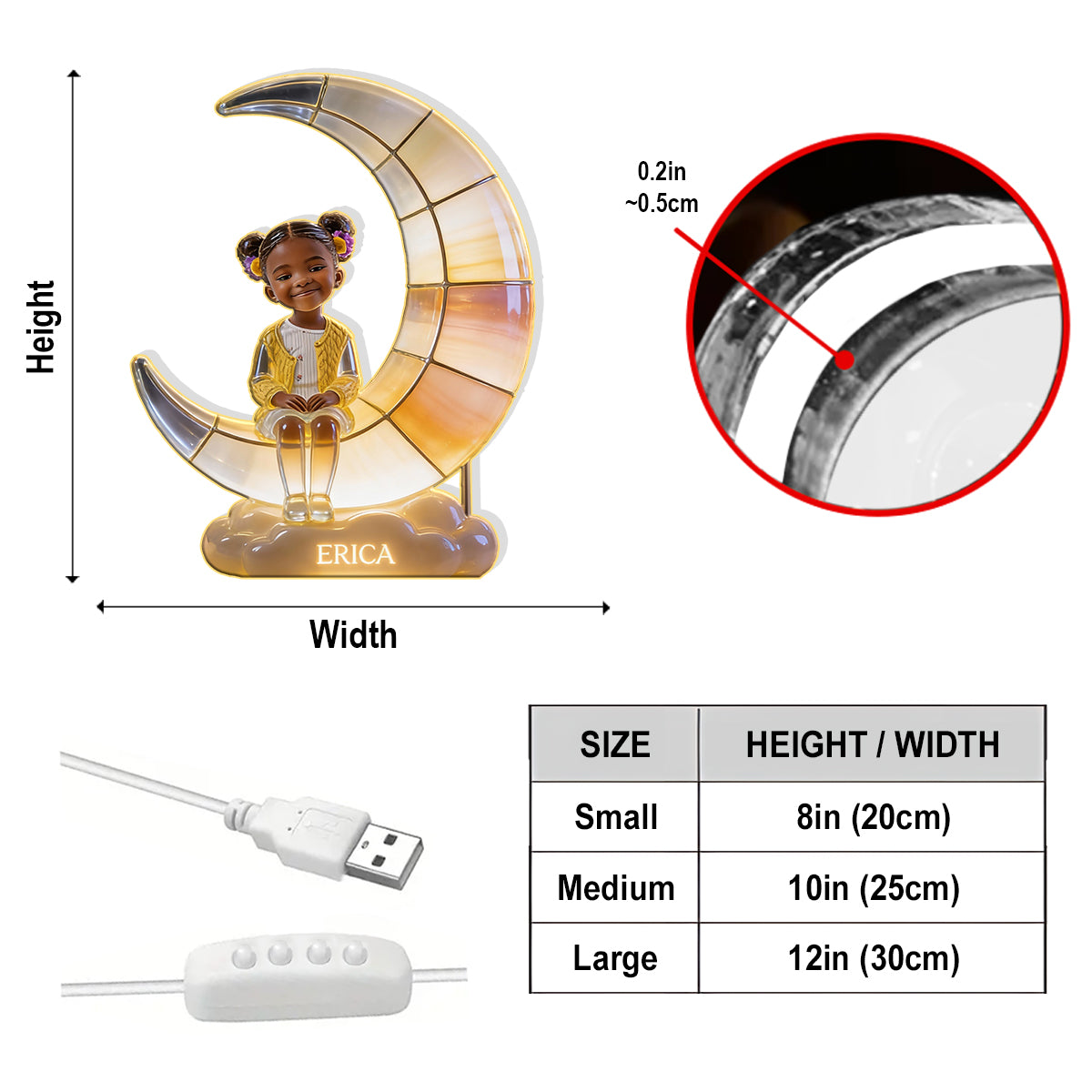 Halbmondlampe – Personalisierte LED-Nachtleuchte aus Acryl für Kinder