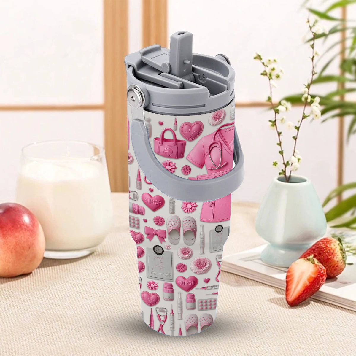 Nursing Is A Work Of Heart - Personalized Nurse Tumbler With Grip Handle