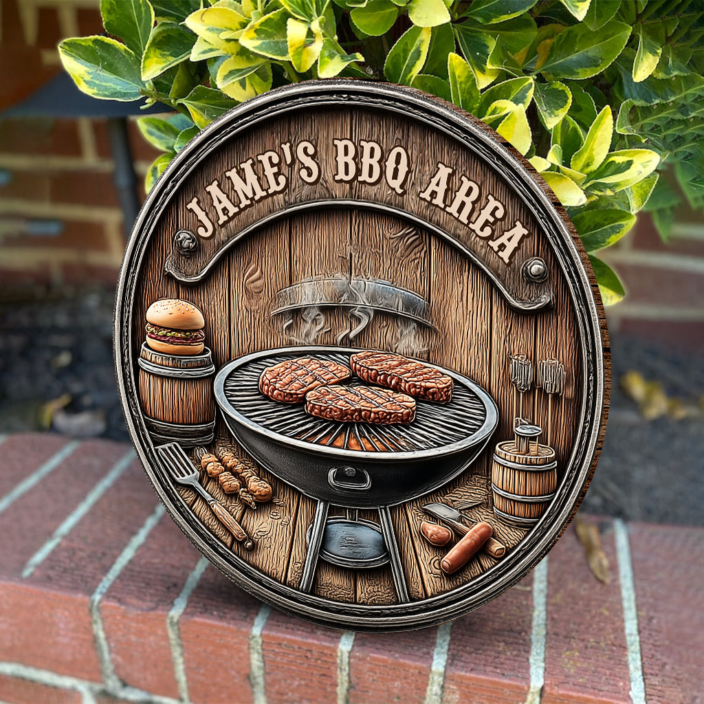 BBQ Area - Personalized Grilling Round Wood Sign