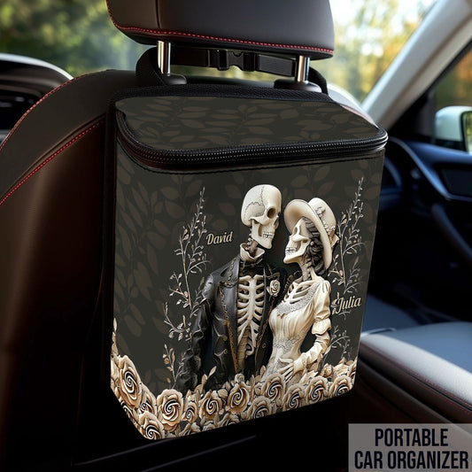 Romantisches Skelett-Pärchen – Personalisierter tragbarer Auto-Mülleimer/Organizer für Paare
