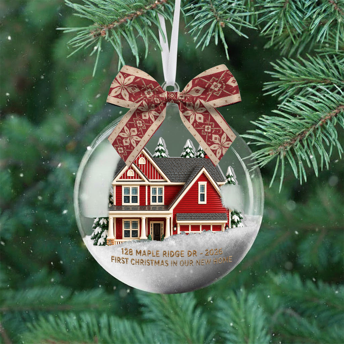 First Christmas in Our New Home - Personalized Family Snow Globe Ornament With Bow