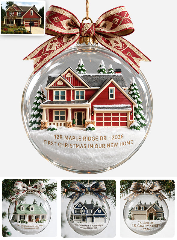 First Christmas in Our New Home - Personalized Family Snow Globe Ornament With Bow
