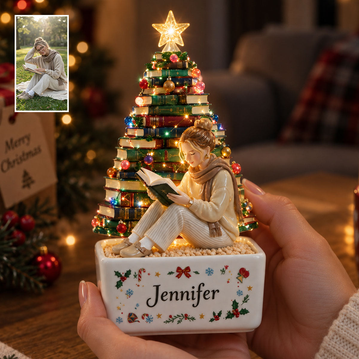 Bücher Weihnachtsbaum - Personalisierte Buch LED Licht Keramiktopf