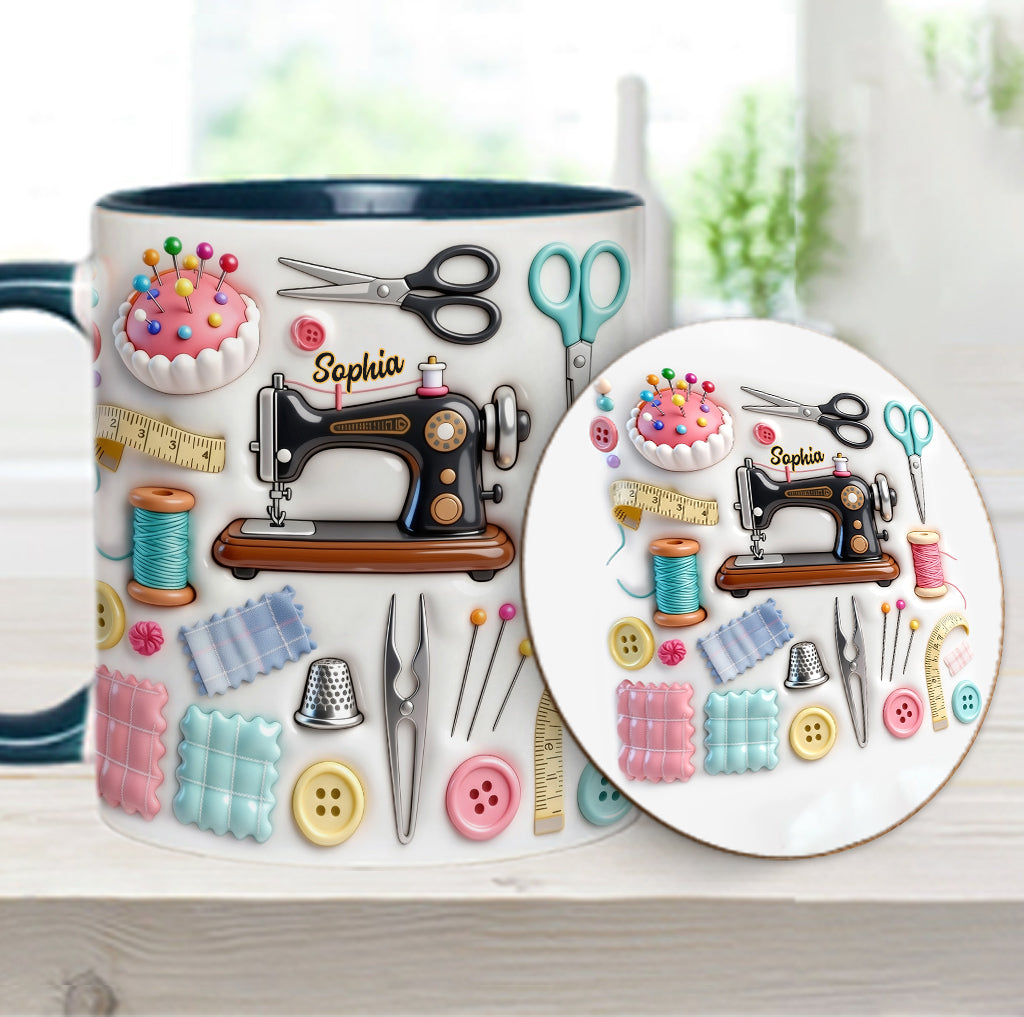 Nähbegeisterung – Personalisierte Tasse und Untersetzer mit Nähmotiv