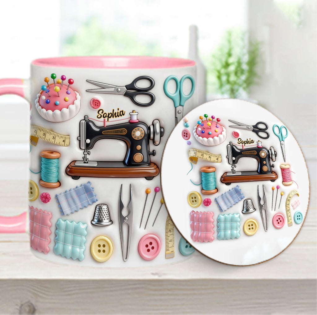 Nähbegeisterung – Personalisierte Tasse und Untersetzer mit Nähmotiv