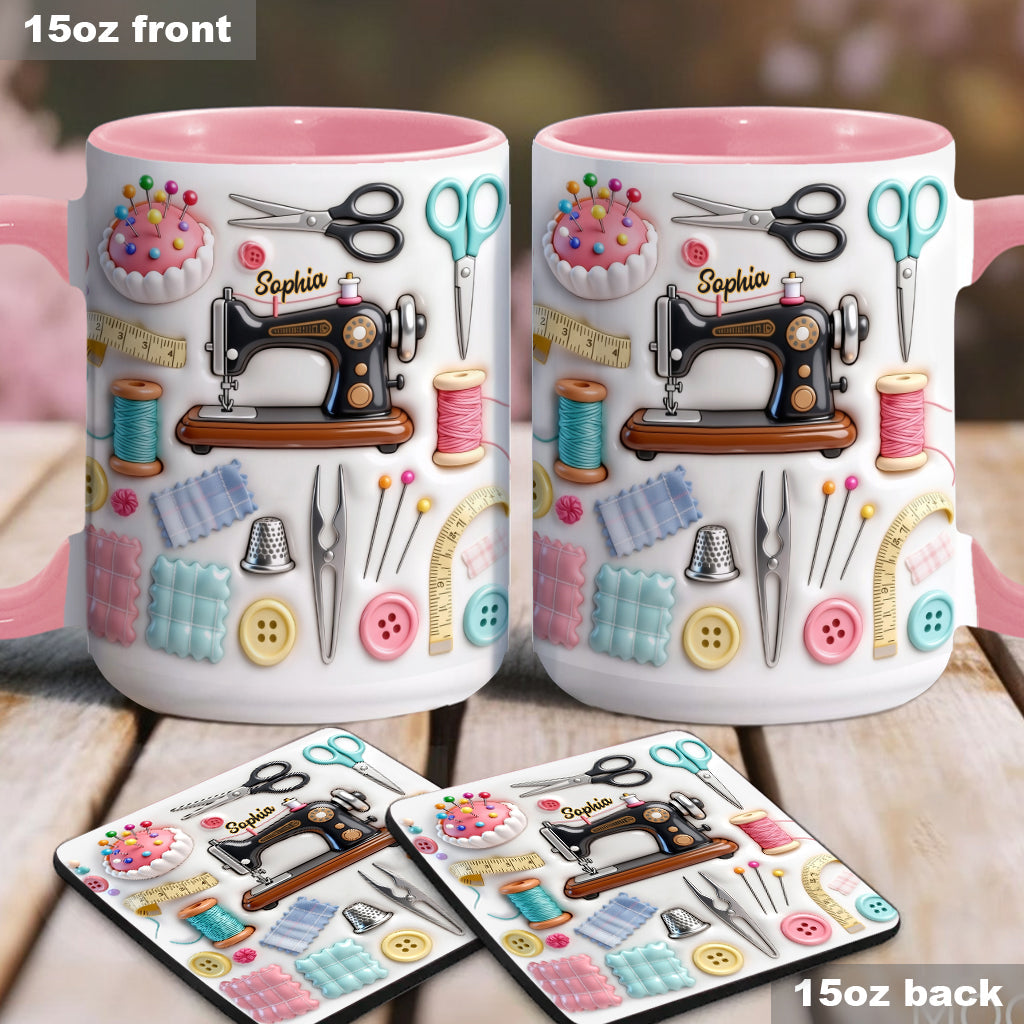Nähbegeisterung – Personalisierte Tasse und Untersetzer mit Nähmotiv